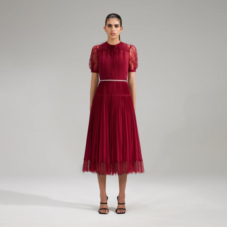 Womens Dresses | Self-Portrait Burgundy Lace Trim Pleated Midi Dress