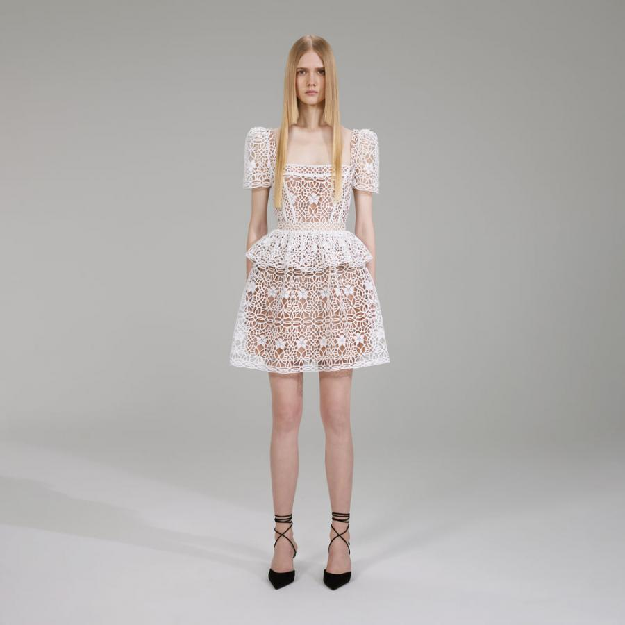 Womens Dresses | Self-Portrait White Guipure Lace Tiered Mini Dress