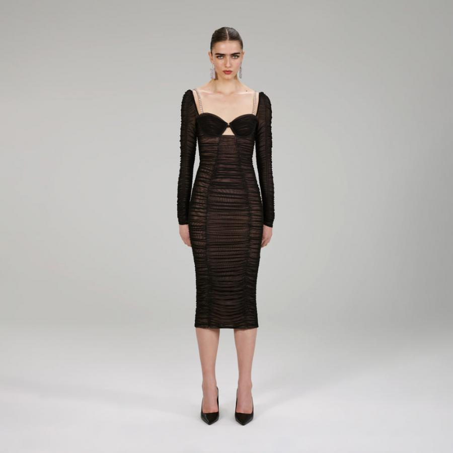 Womens Dresses | Self-Portrait Black Power Mesh Long Sleeve Midi Dress