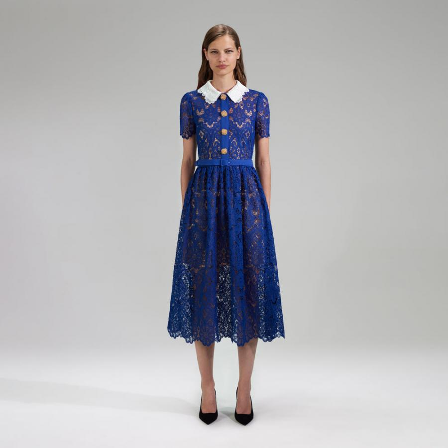 Womens Dresses | Self-Portrait Blue Lace Midi Dress Contrast Collar