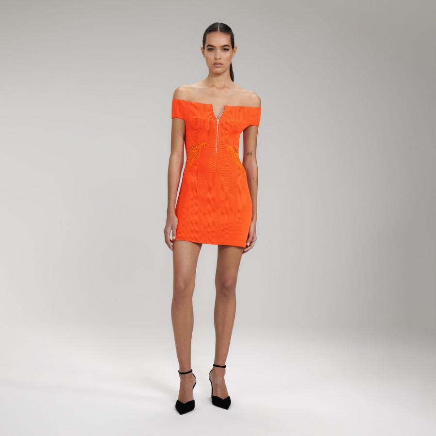 Womens Dresses | Self-Portrait Orange Inserted Lace Ribbed Knit Mini Dress