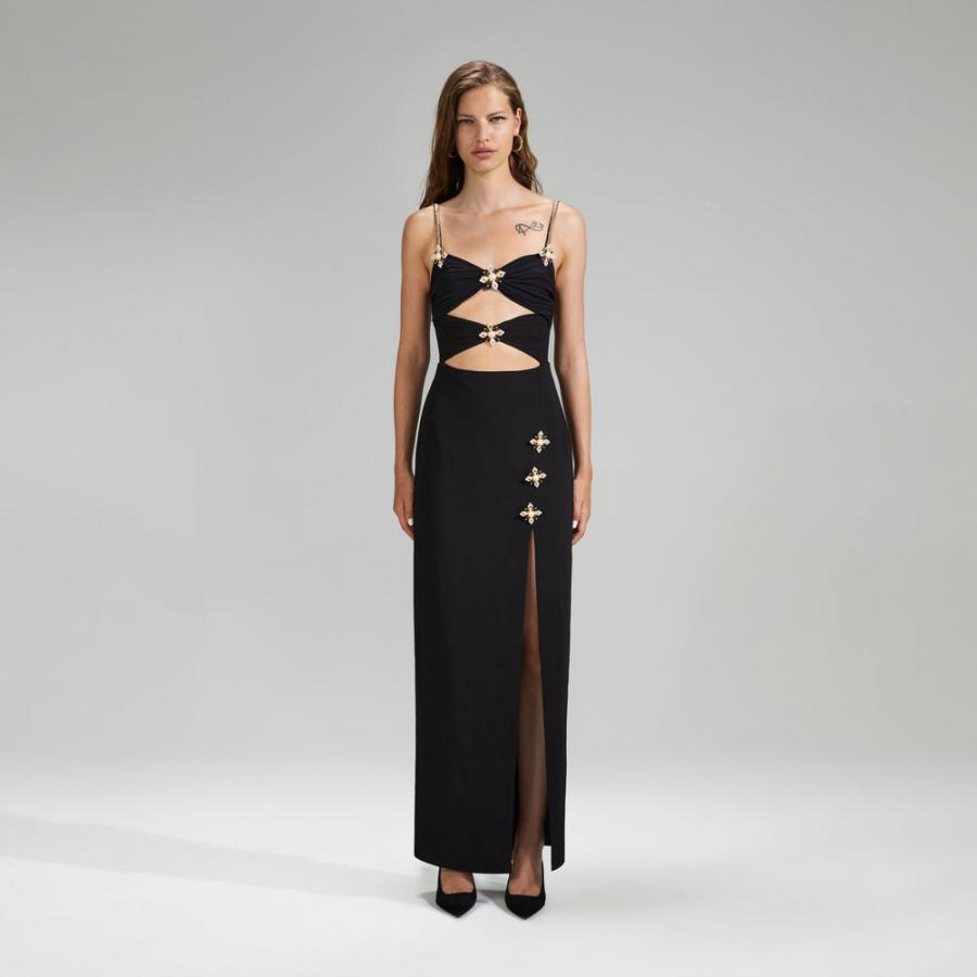 Womens Knitwear | Self-Portrait Black Crepe Midi Dress With Chain Straps