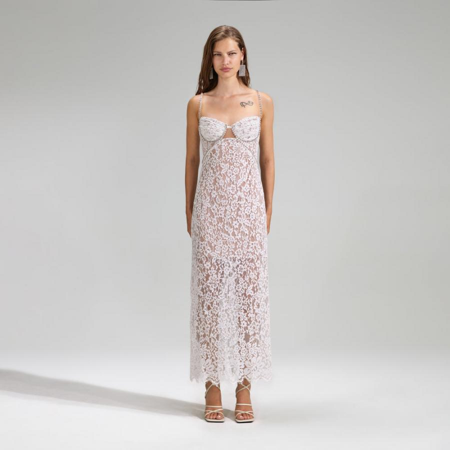 Womens Dresses | Self-Portrait White Fine Lace Maxi Dress