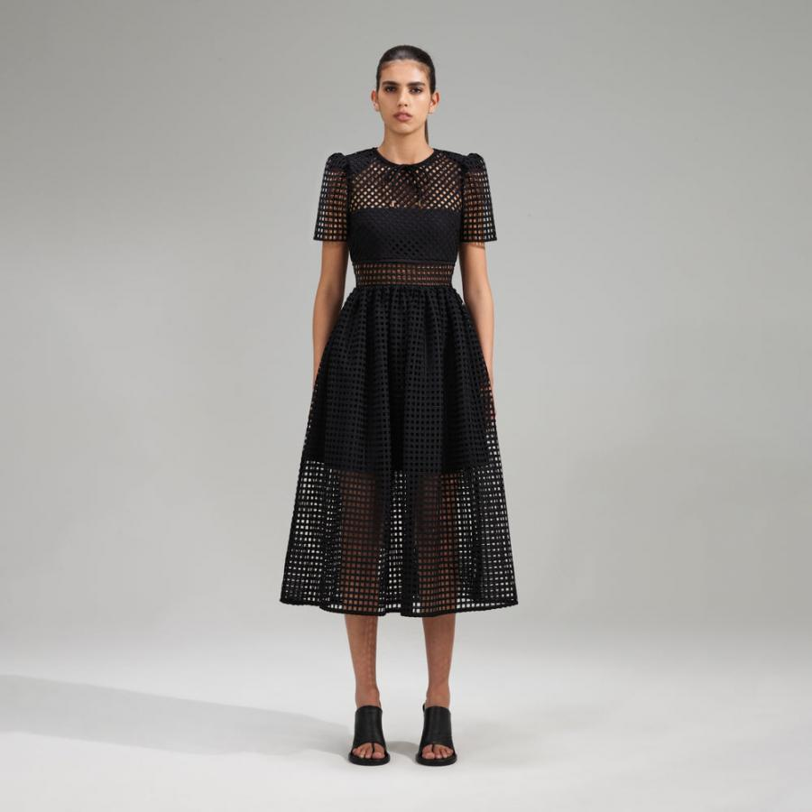 Womens Dresses | Self-Portrait Black Grid Lace Midi Dress