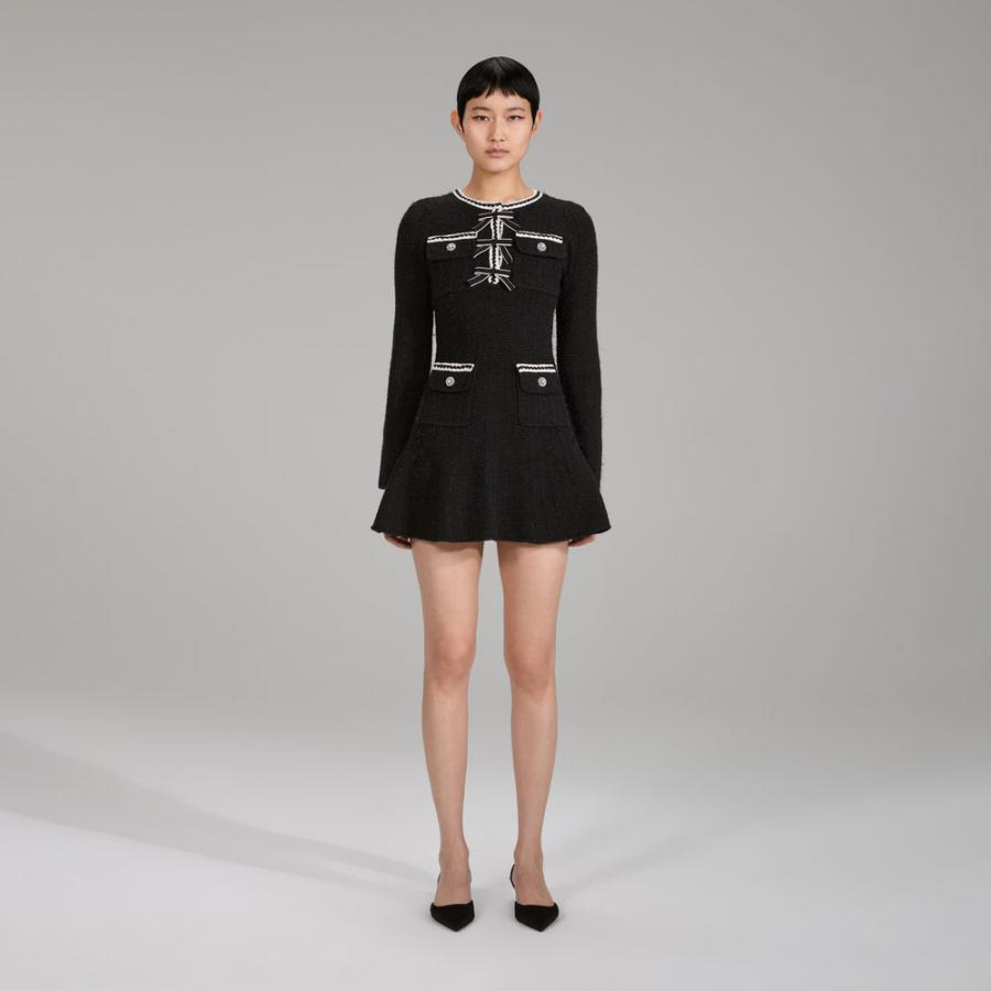 Womens Knitwear | Self-Portrait Black Melange Knit Mini Dress