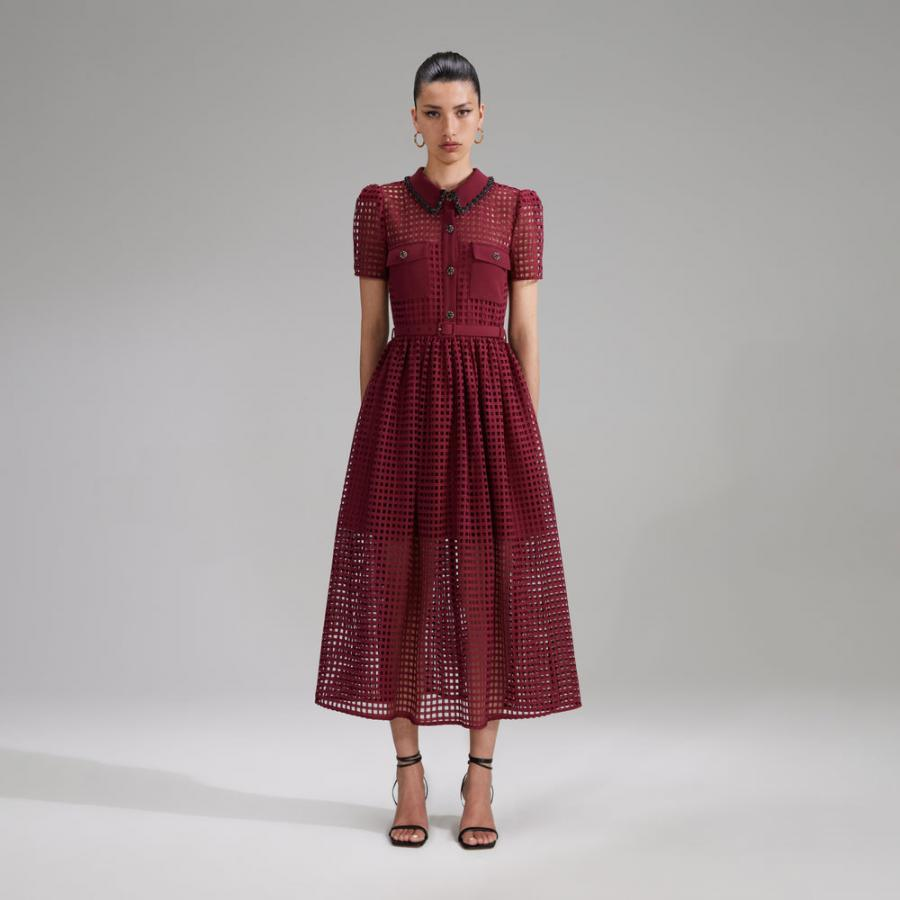 Womens Dresses | Self-Portrait Burgundy Grid Lace Midi Dress