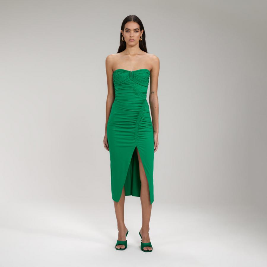 Womens Dresses | Self-Portrait Bright Green Jersey Strapless Ruched Midi Dress