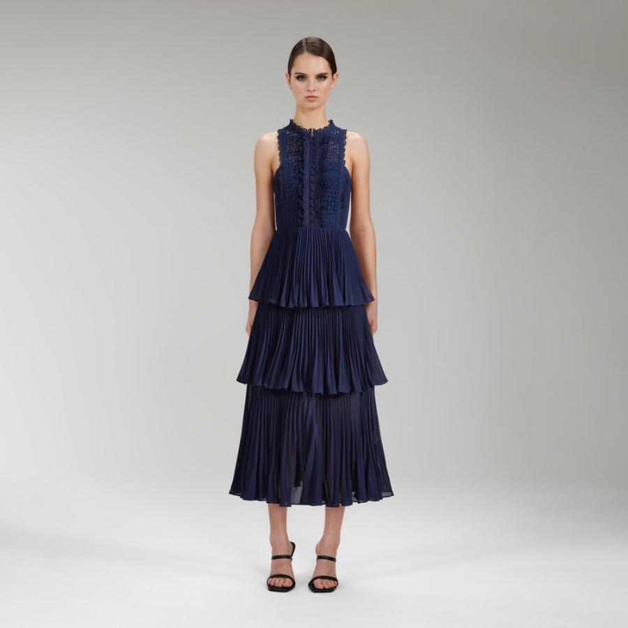 Womens Dresses | Self-Portrait Navy Broderie &amp; Chiffon Tiered Midi Dress