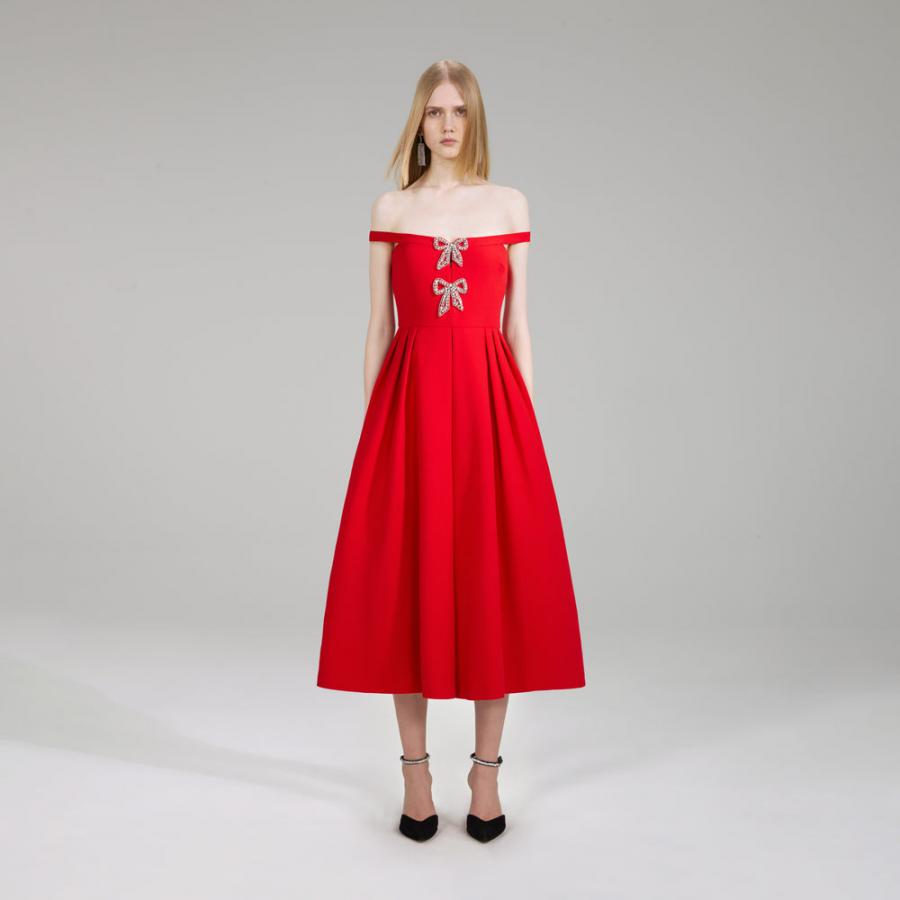 Womens Dresses | Self-Portrait Red Crepe Bow Midi Dress