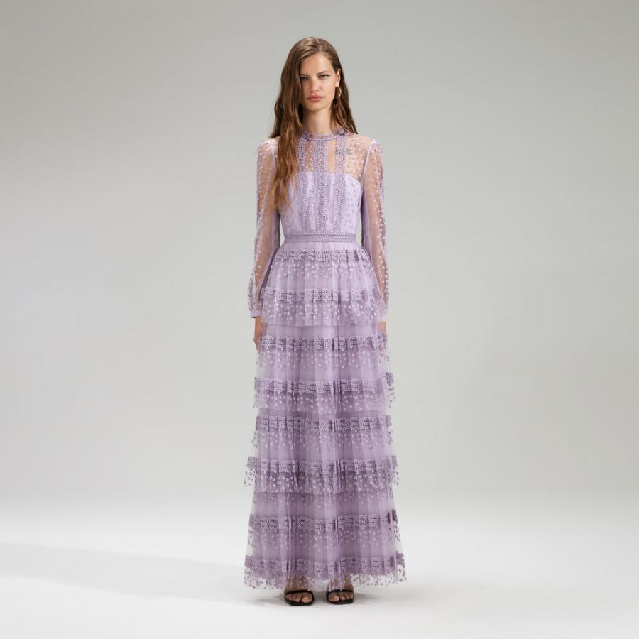 Womens Dresses | Self-Portrait Lilac Tiered Lace Maxi Dress