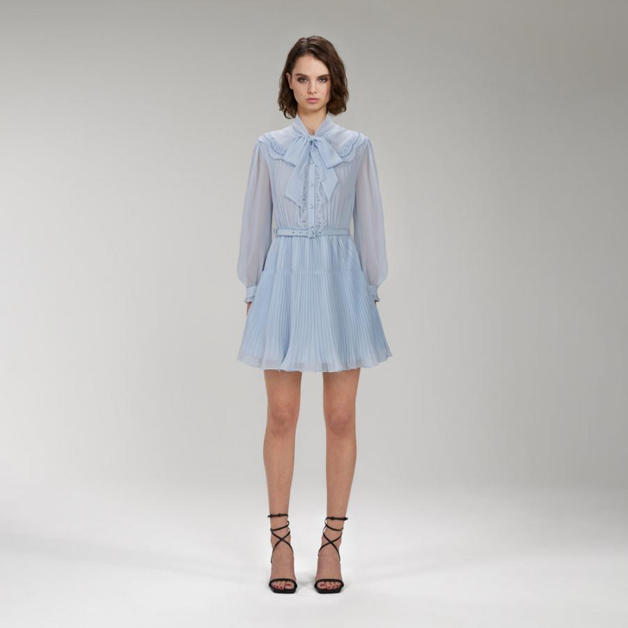 Womens Dresses | Self-Portrait Blue Broderie Collar Chiffon Mini Dress