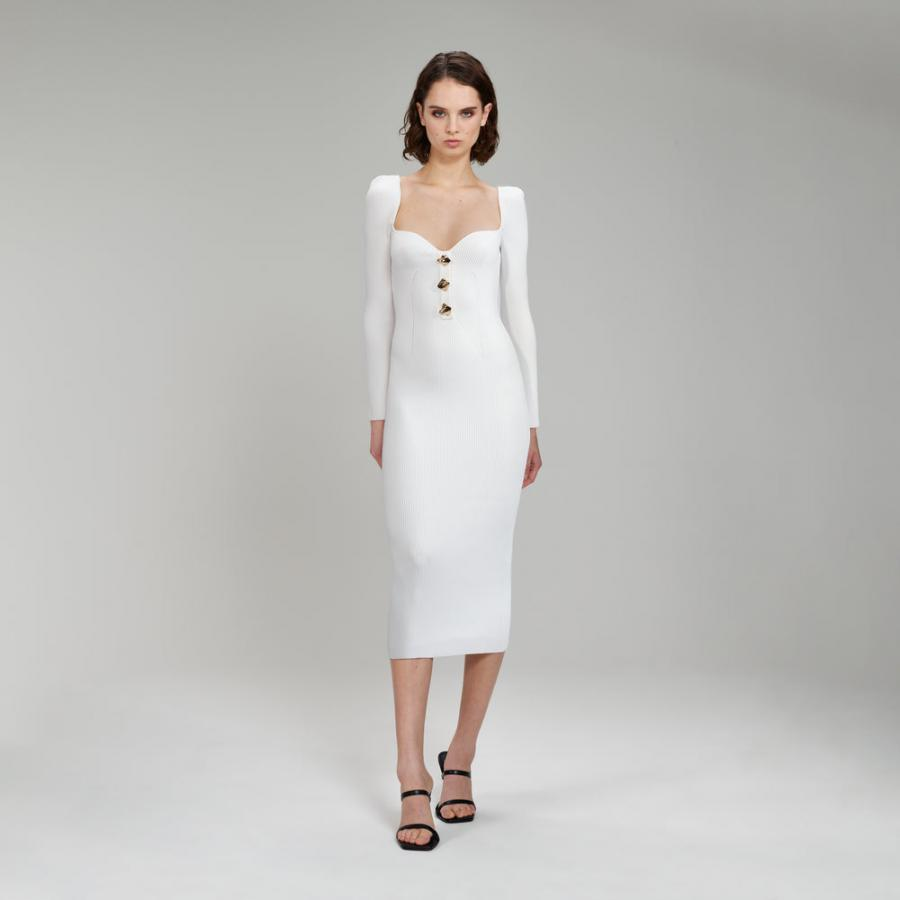 Womens Knitwear | Self-Portrait White Long Sleeve Ribbed Knit Midi Dress