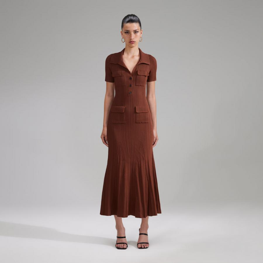 Womens Knitwear | Self-Portrait Brown Viscose Knit Midi Dress