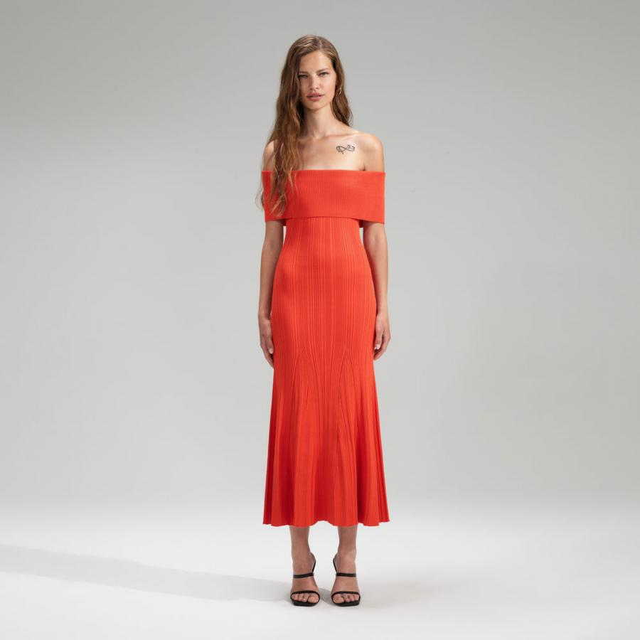 Womens Knitwear | Self-Portrait Red Viscose Knit Midi Dress