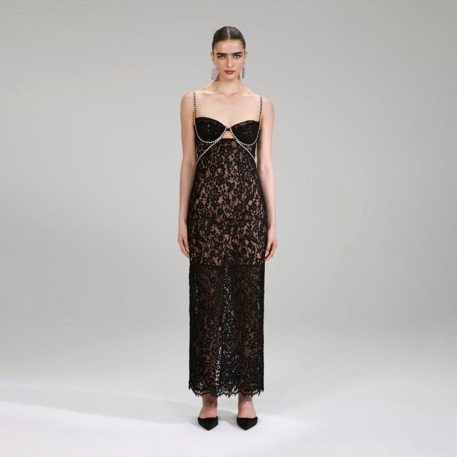 Womens Dresses | Self-Portrait Black Fine Lace Maxi Dress