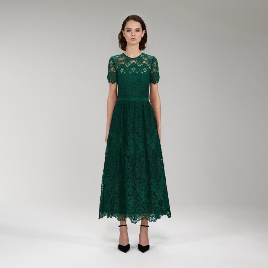 Womens Dresses | Self-Portrait Dark Green Floral Guipure Midi Dress