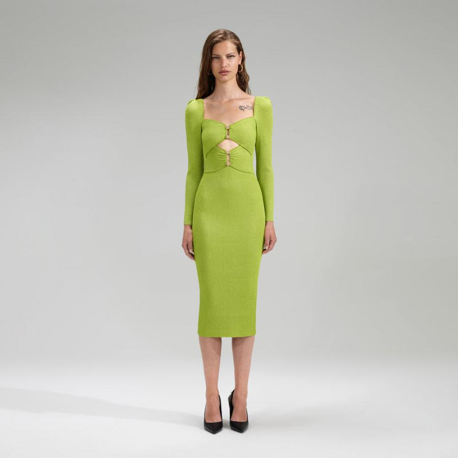 Womens Dresses | Self-Portrait Lime Green Lurex Knit Midi Dress