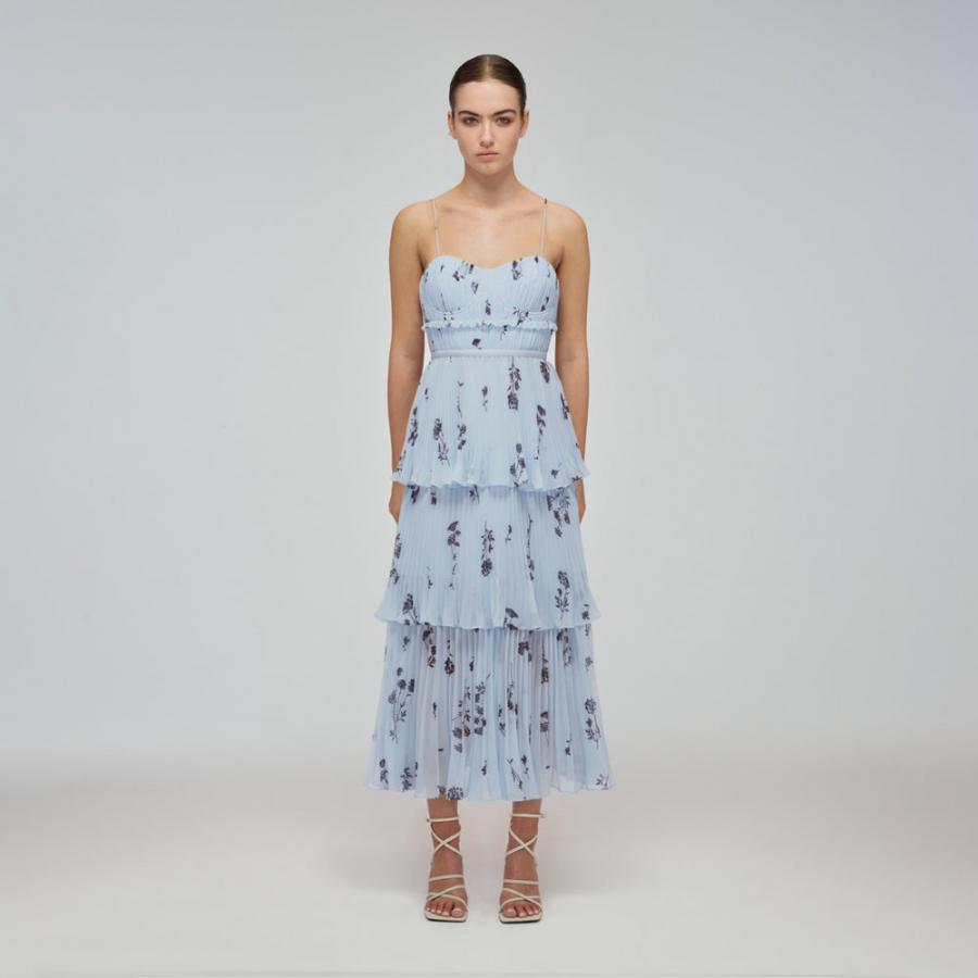 Womens Dresses | Self-Portrait Blue Floral Sleeveless Chiffon Tiered Midi Dress