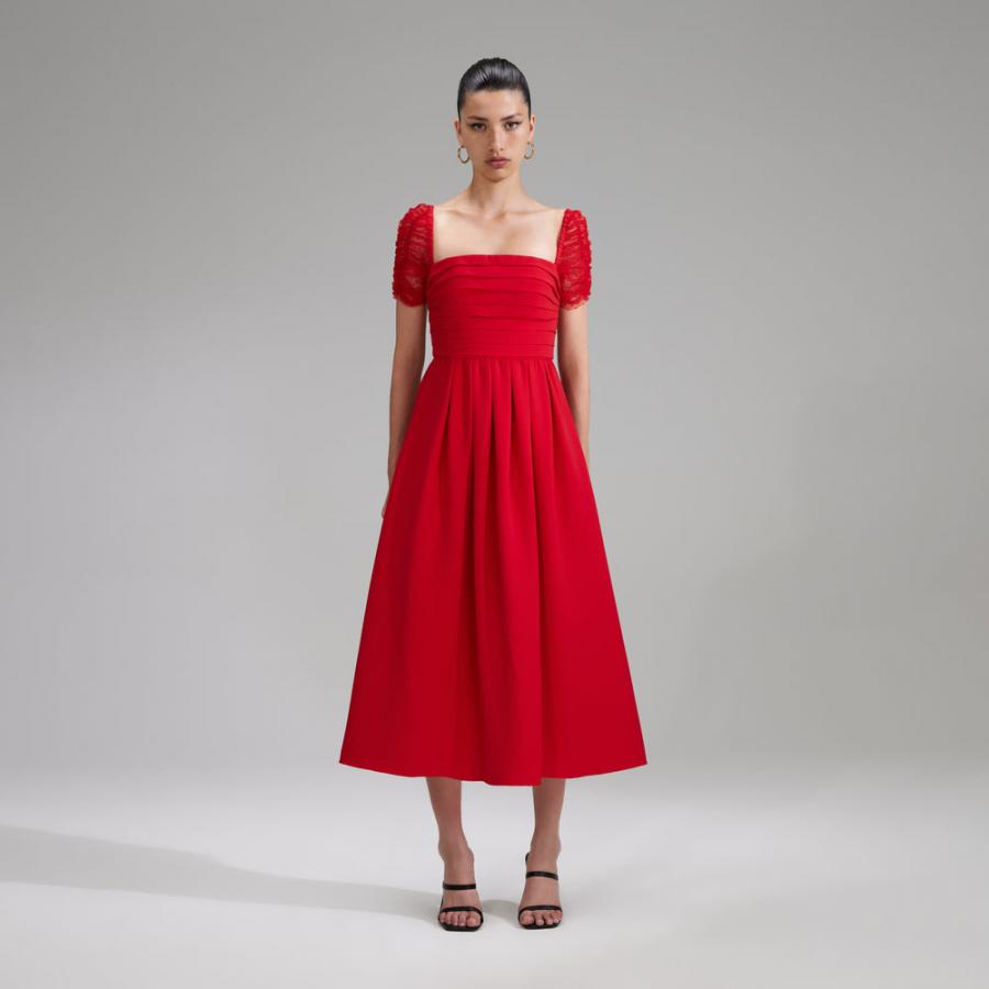 Womens Dresses | Self-Portrait Red Crepe Sleeved Midi Dress