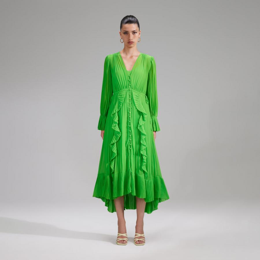 Womens Swim &amp; Resort | Self-Portrait Green Chiffon Ruffle Midi Dress