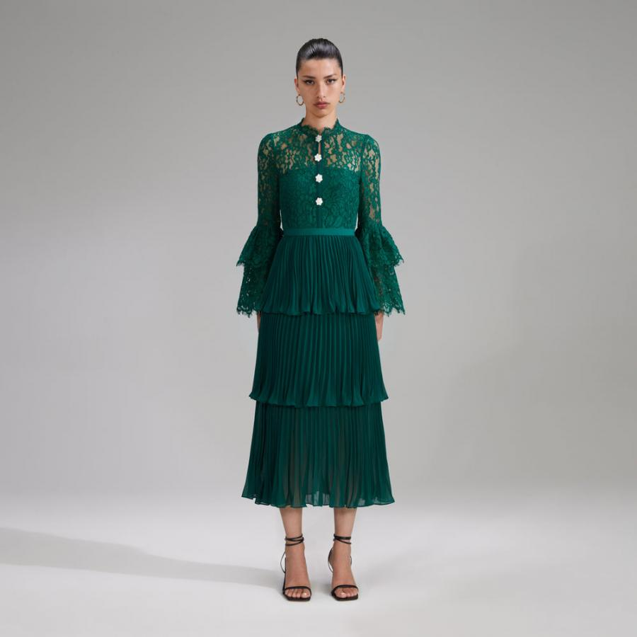 Womens Dresses | Self-Portrait Green Cord Lace Tiered Midi Dress