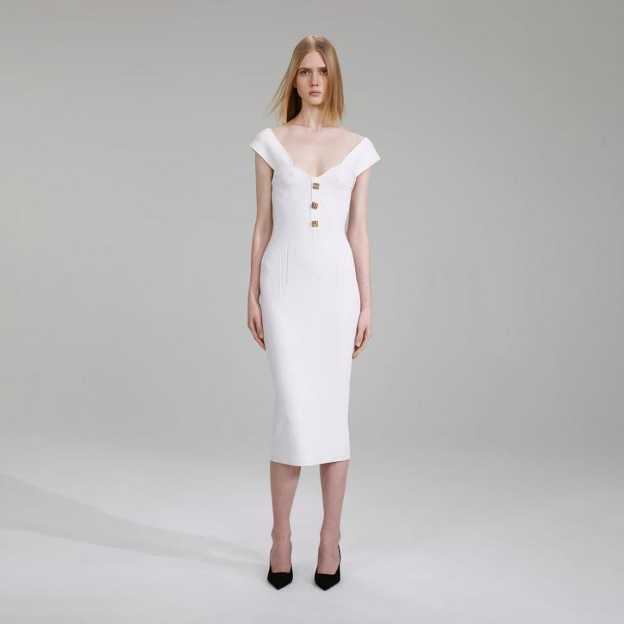 Womens Knitwear | Self-Portrait White Off Shoulder Ribbed Knit Midi Dress