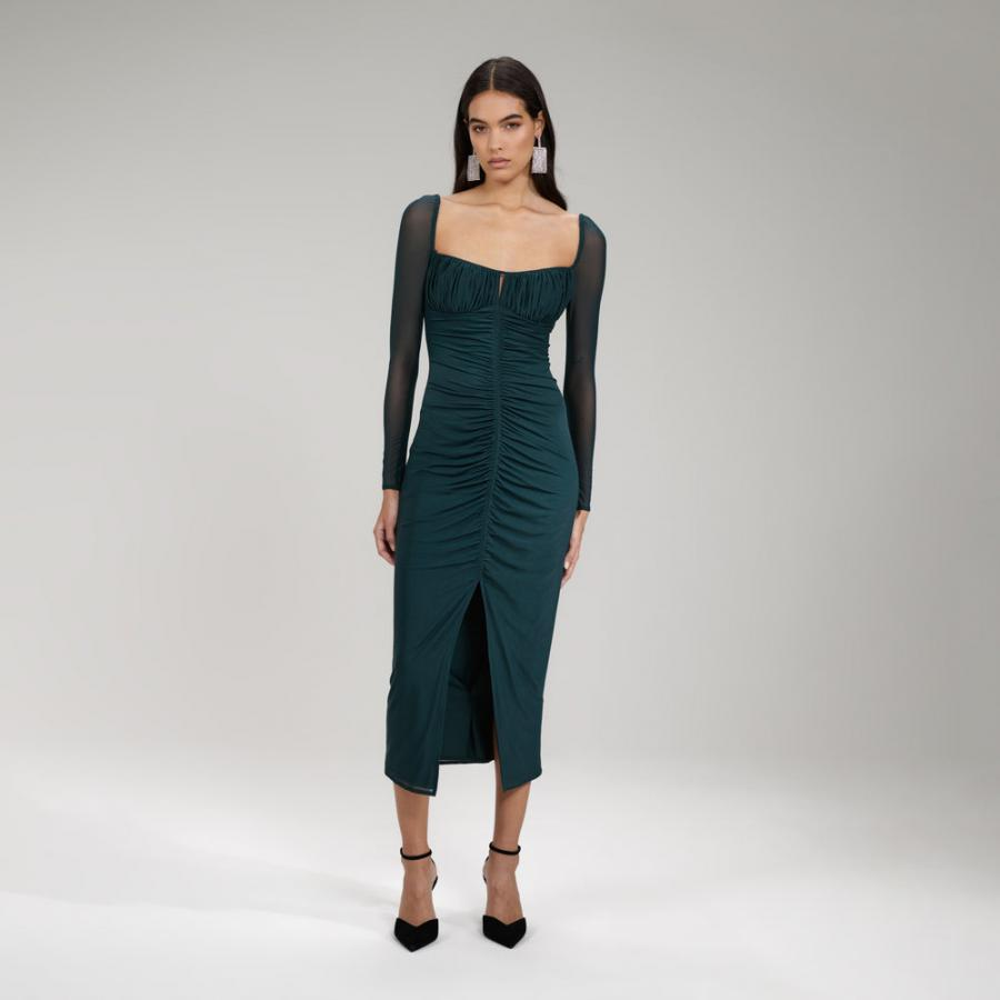 Womens Dresses | Self-Portrait Dark Green Powermesh Ruched Midi Dress