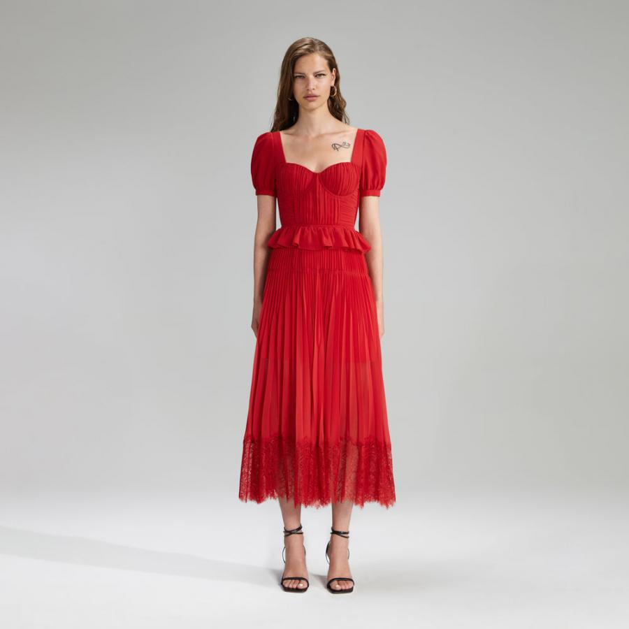 Womens Dresses | Self-Portrait Red Short Sleeve Chiffon Midi Dress