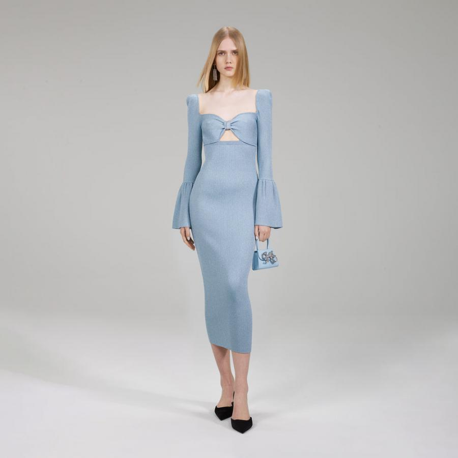 Womens Knitwear | Self-Portrait Light Blue Lurex Knit Midi Dress