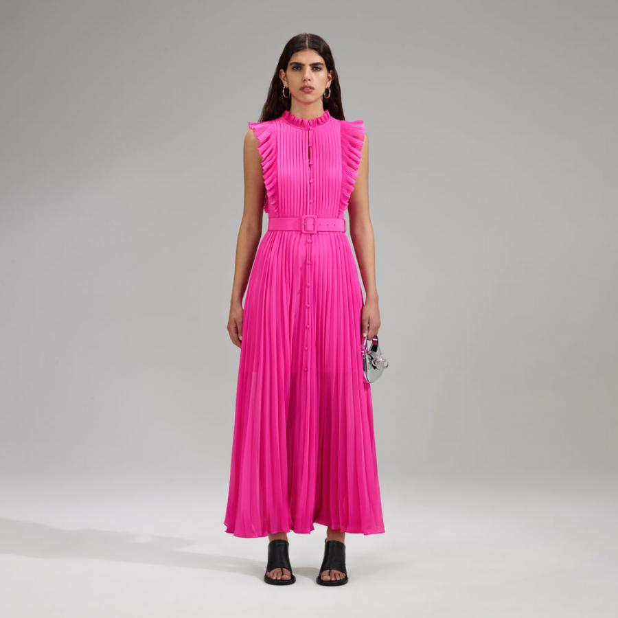 Womens Dresses | Self-Portrait Pink Chiffon Sleeveless Ruffle Midi Dress