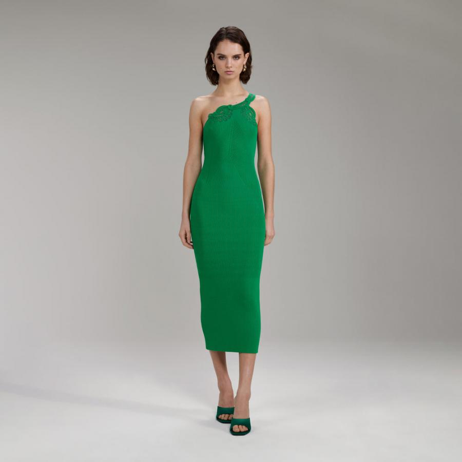 Womens Knitwear | Self-Portrait Bright Green One Shoulder Ribbed Knit Midi Dress