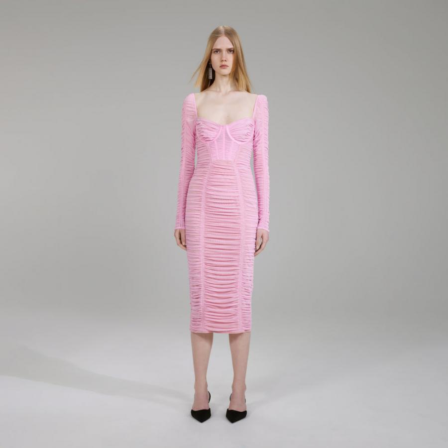 Womens Dresses | Self-Portrait Pink Power Mesh Long Sleeve Midi Dress