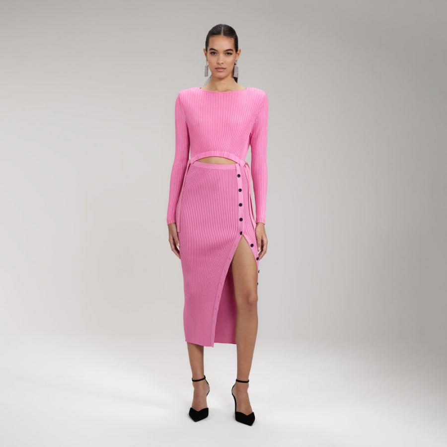 Womens Knitwear | Self-Portrait Pink Viscose Ribbed Knit Midi Dress