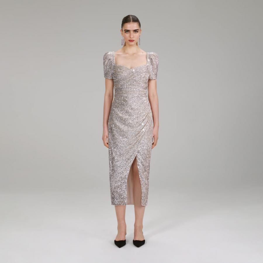 Womens Dresses | Self-Portrait Silver Sequin Midi Dress