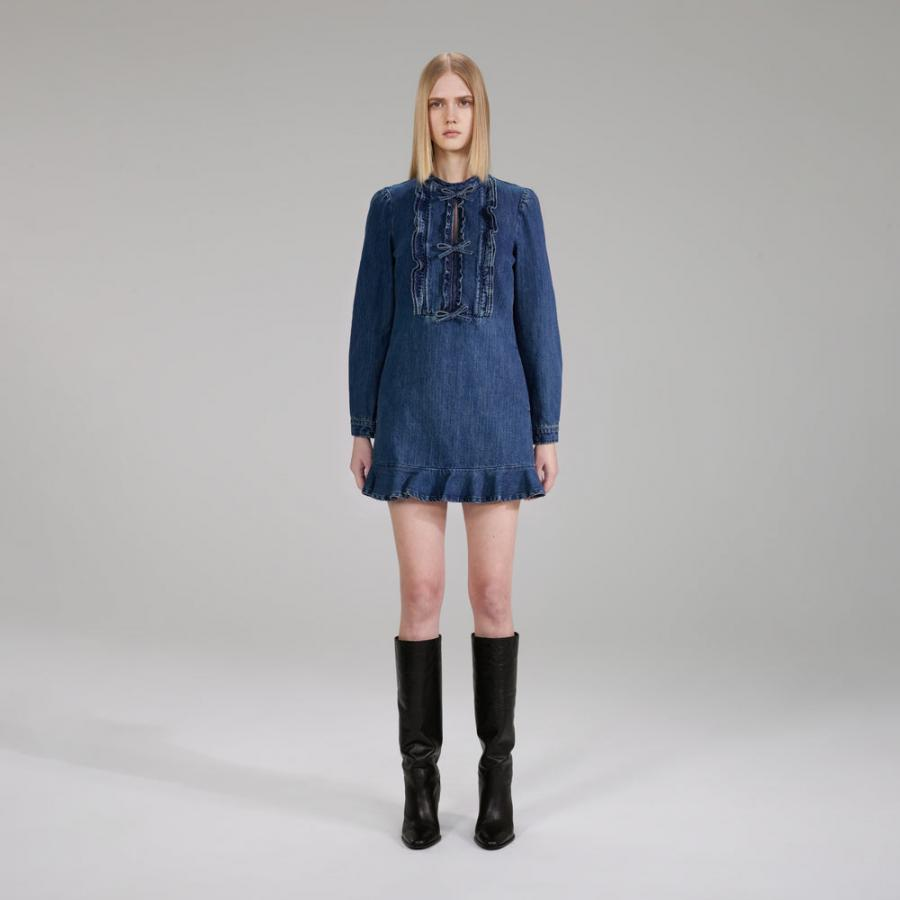 Womens Denim | Self-Portrait Dark Wash Denim Ruffle Dress