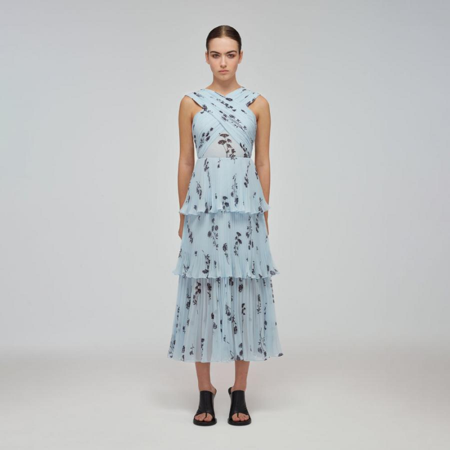 Womens Dresses | Self-Portrait Blue Floral Silhouette Chiffon Crossover Midi Dress