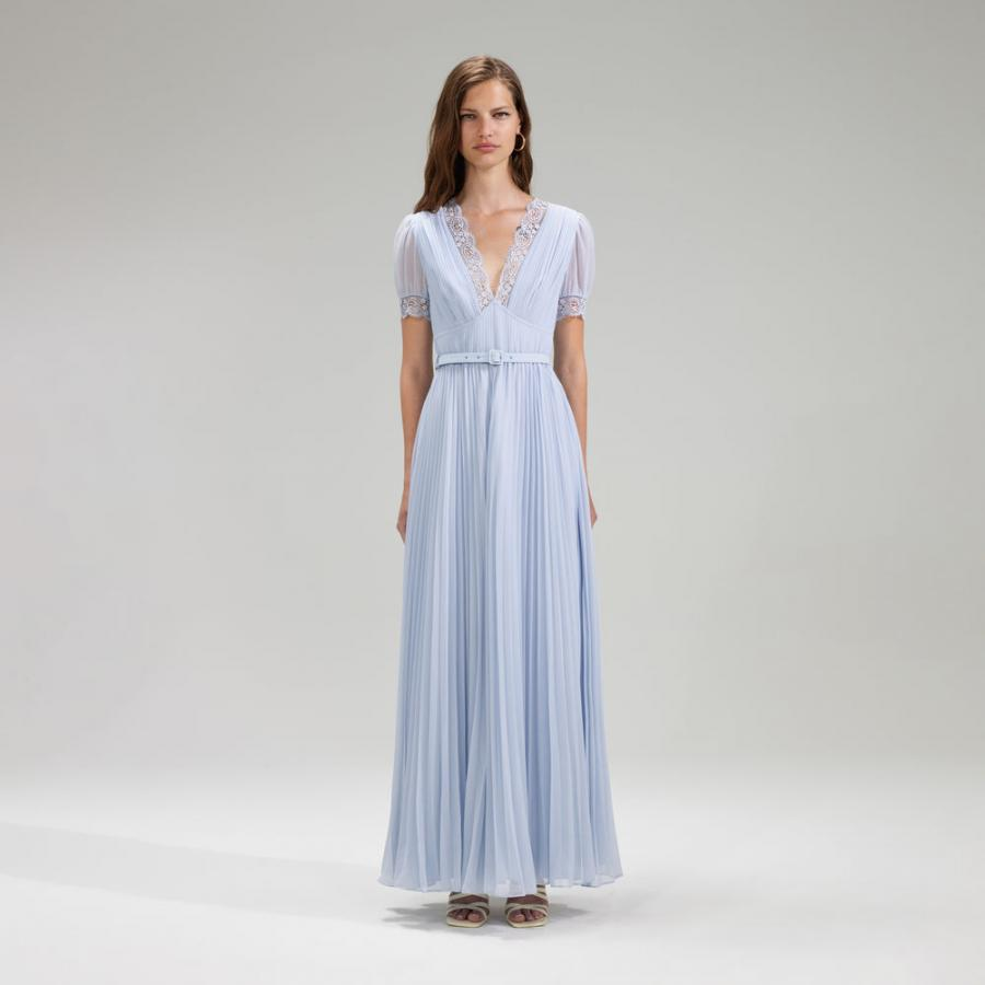 Womens Dresses | Self-Portrait Blue Chiffon Pleated Maxi Dress