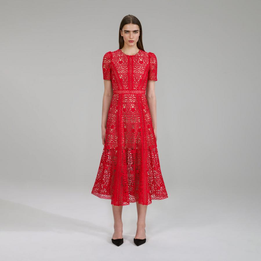 Womens Dresses | Self-Portrait Red Guipure Lace Midi Dress