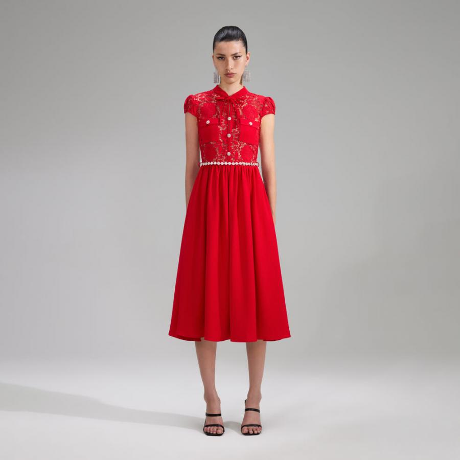 Womens Dresses | Self-Portrait Red Lace Cotton Midi Dress