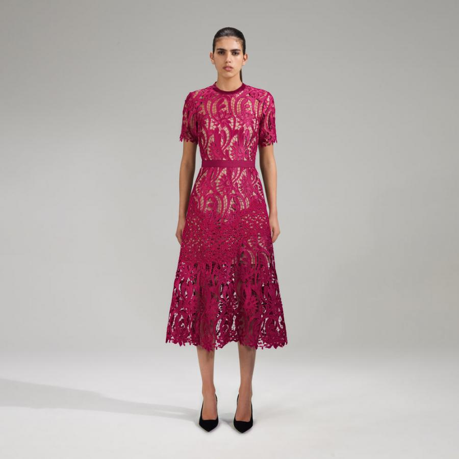 Womens Dresses | Self-Portrait Burgundy Floral Lace Midi Dress