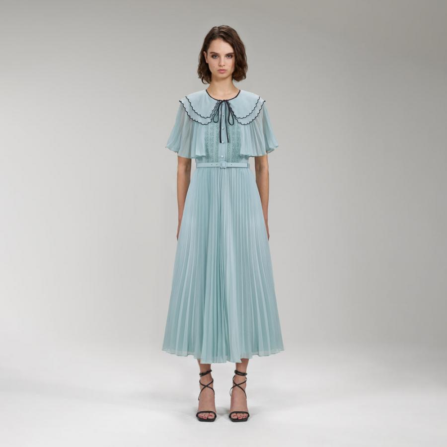 Womens Dresses | Self-Portrait Light Blue Chiffon Scallop Collar Midi Dress