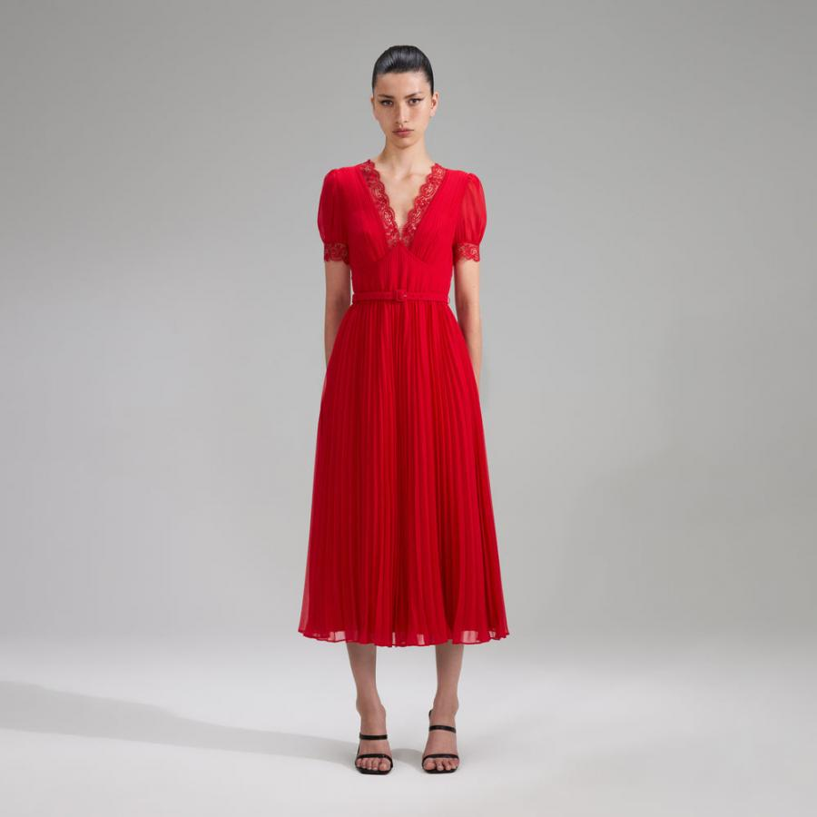 Womens Dresses | Self-Portrait Red Chiffon Pleated Midi Dress